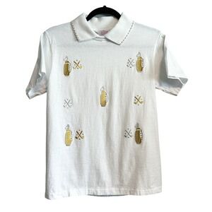 Discoveries by Natalie Novelty Golf Print Embroidered Embellished Polo Size S